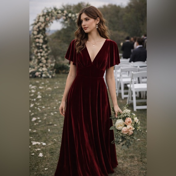 Azazie Dresses & Skirts - Azazie Burgundy Velvet Maxi Dress Flutter Sleeve Formal Bridesmaid A10
